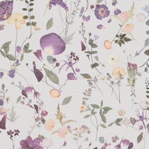 PROFHOME Vliestapete mit Blumenmuster in Violett, Grün und Gelb.