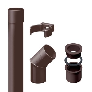 Inefa Fallrohr Set DN 50 dunkelbraun aus PVC: Rohr, Schelle, Bogen, Ablaufstutzen für Dachentwässerung.