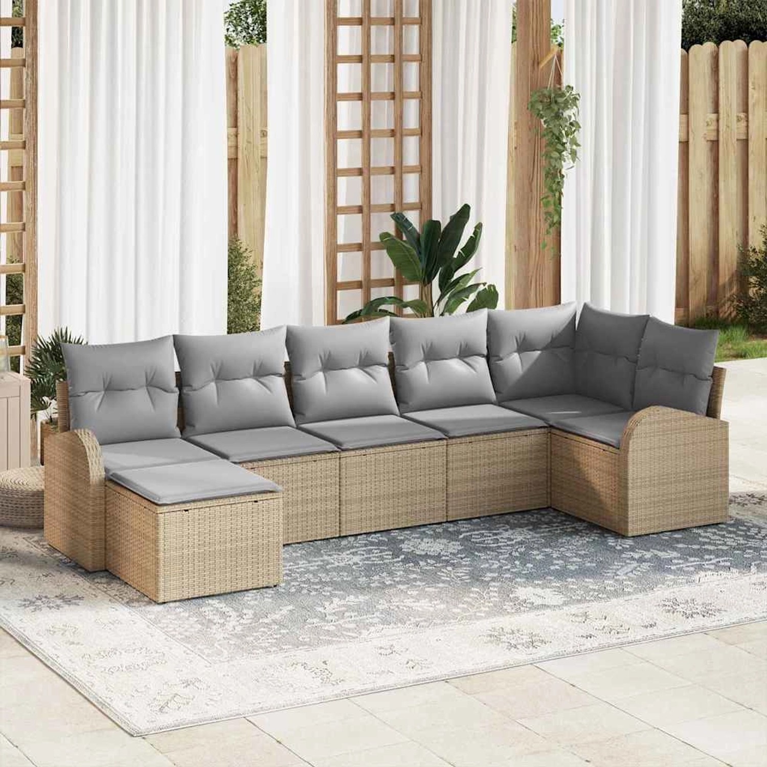 vidaXL Garten-Sofa-Set mit Kissen 7-Tlg Beige Poly Rattan 3346130_2