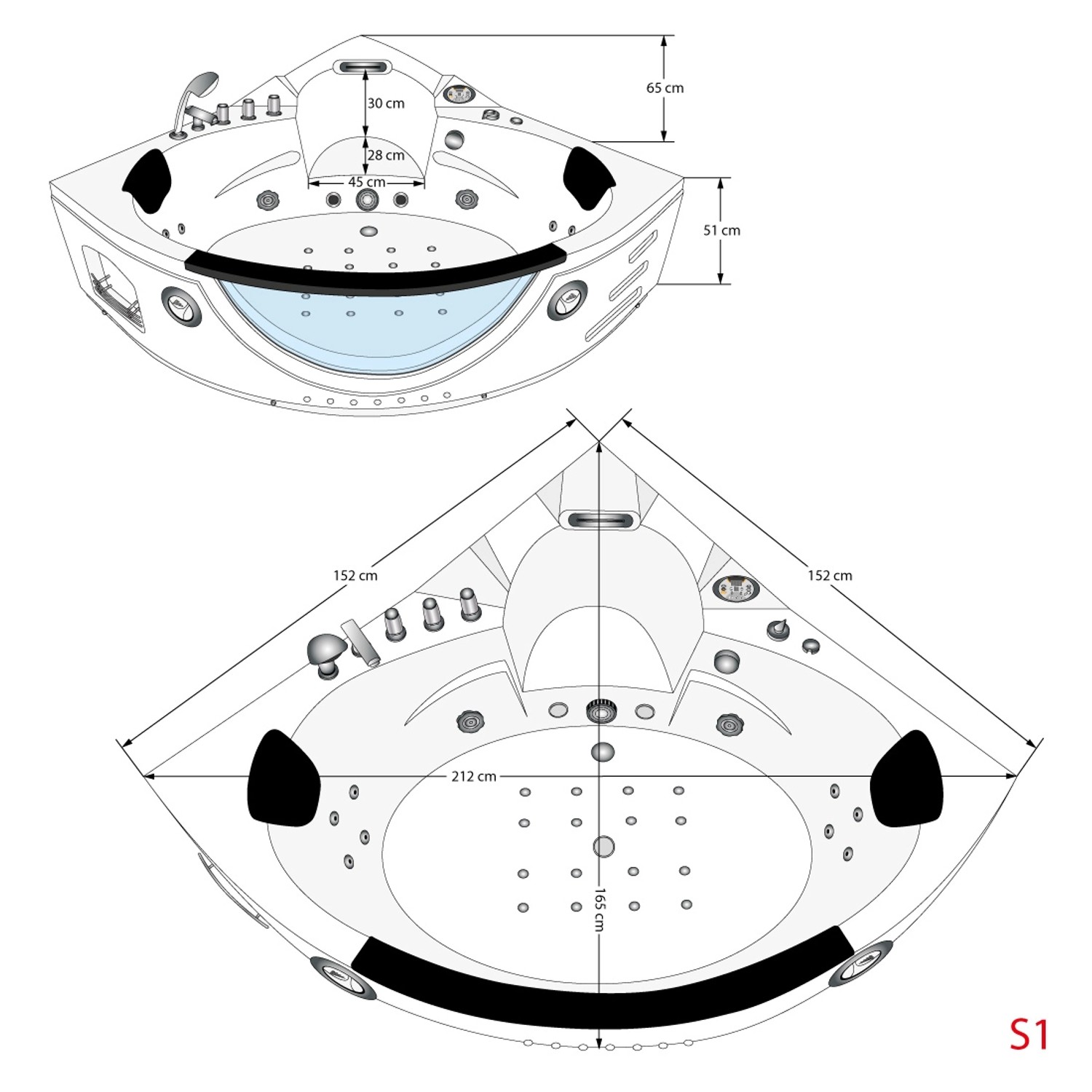 Skizze einer AquaVapore Whirlpool Badewanne W06H-SC 152x152cm mit Maßangaben.