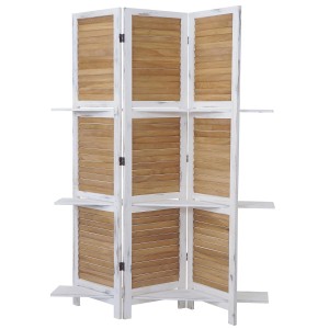 Weiß-brauner Paravent Aberdeen mit 3 Elementen und Regalböden als Dekoartikel.