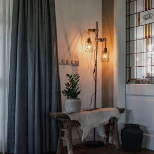 QAZQA Land Stehlampe Schwarz mit Holz 2 Lichter mit Schatten Dami Frame