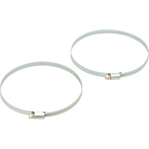 Zwei Schlauchklemmen (Ø 110-130 mm) aus Metall zur Befestigung von Schläuchen.