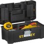 Offene Stanley Werkzeugbox Essential 12,5 Zoll mit Werkzeug und Organizer im Deckel.