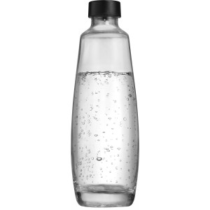 Sodastream Glasflasche Duo 1 l, klare Glasflasche mit schwarzem Deckel, gefüllt mit sprudelndem Wasser.