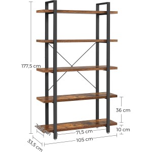 Vasagle Standregal mit 5 Ebenen in Braun-Schwarz, Bücherregal mit Stahlgestell.