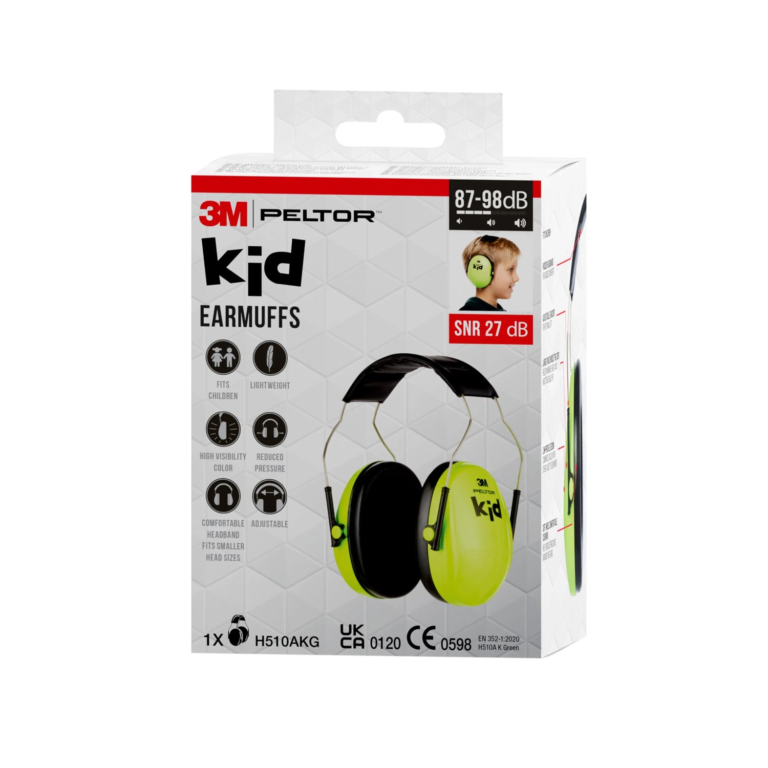 3M Peltor Kapselgehörschutz für Kinder H510AK in Neongrün, verpackt.