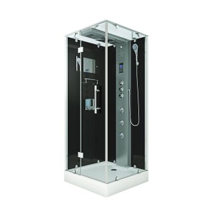 AquaVapore Komplettdusche 100x100 cm mit schwarzer Rückwand, Regendusche und Massagedüsen.