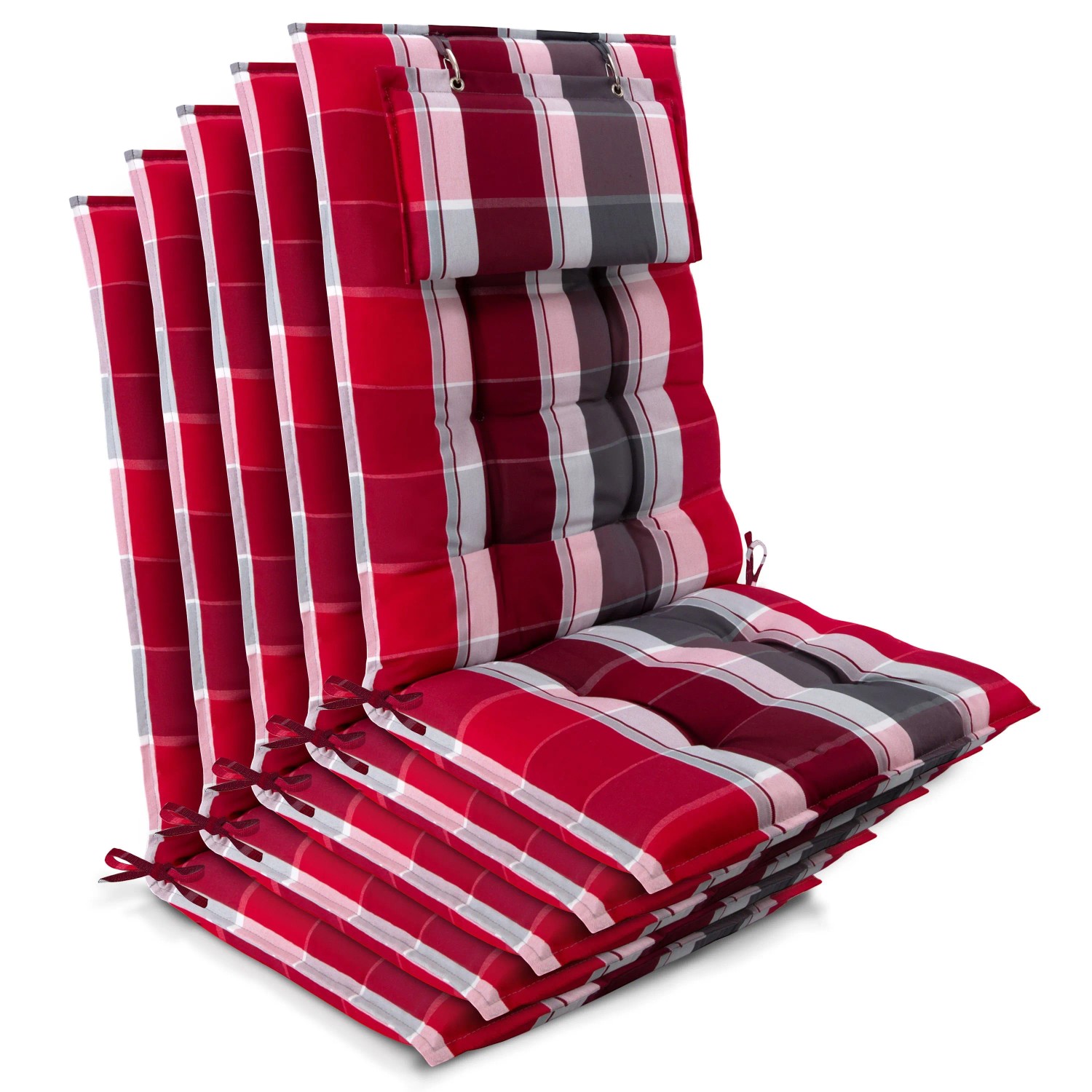 Beautissu 5er Set Sun-HL Hochlehner Auflage 120x50x8cm Rot-Gestreift