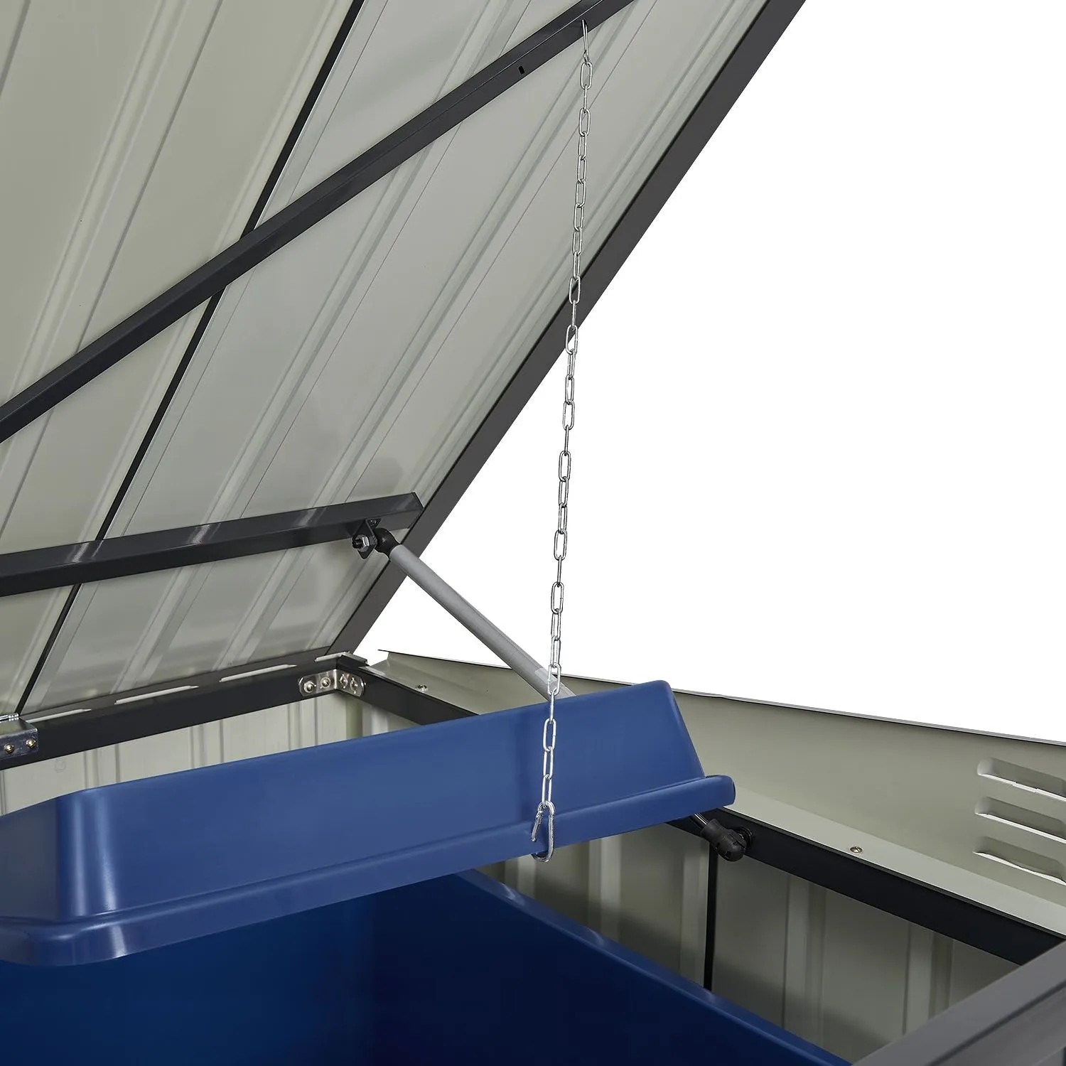 Geöffnete graue Juskys Mülltonnenbox Namur aus Metall mit Gasdruckfeder und Kette zum Öffnen des Mülltonnendeckels.