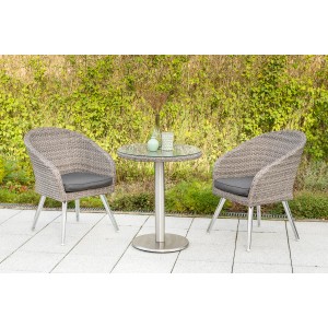 Merxx Boulevard Balkonmöbel Set: 2 Sessel mit Kissen, Tisch Ø 65 cm mit Glasplatte.