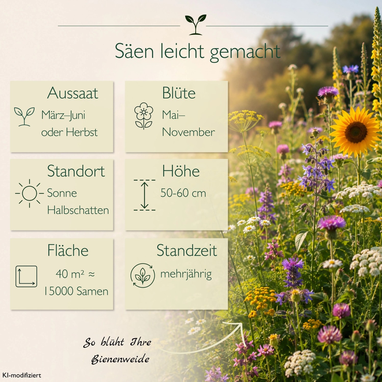 Buntes Blumenfeld mit LaCaTho Nektar-Pollen-Mischung Samen und Infos zu Aussaat, Blüte, Höhe.