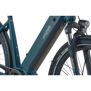 Detailaufnahme: Perlnachtblaues Prophete Trekking E-Bike Entdecker 3.0 mit Mittelmotor und integriertem Akku.