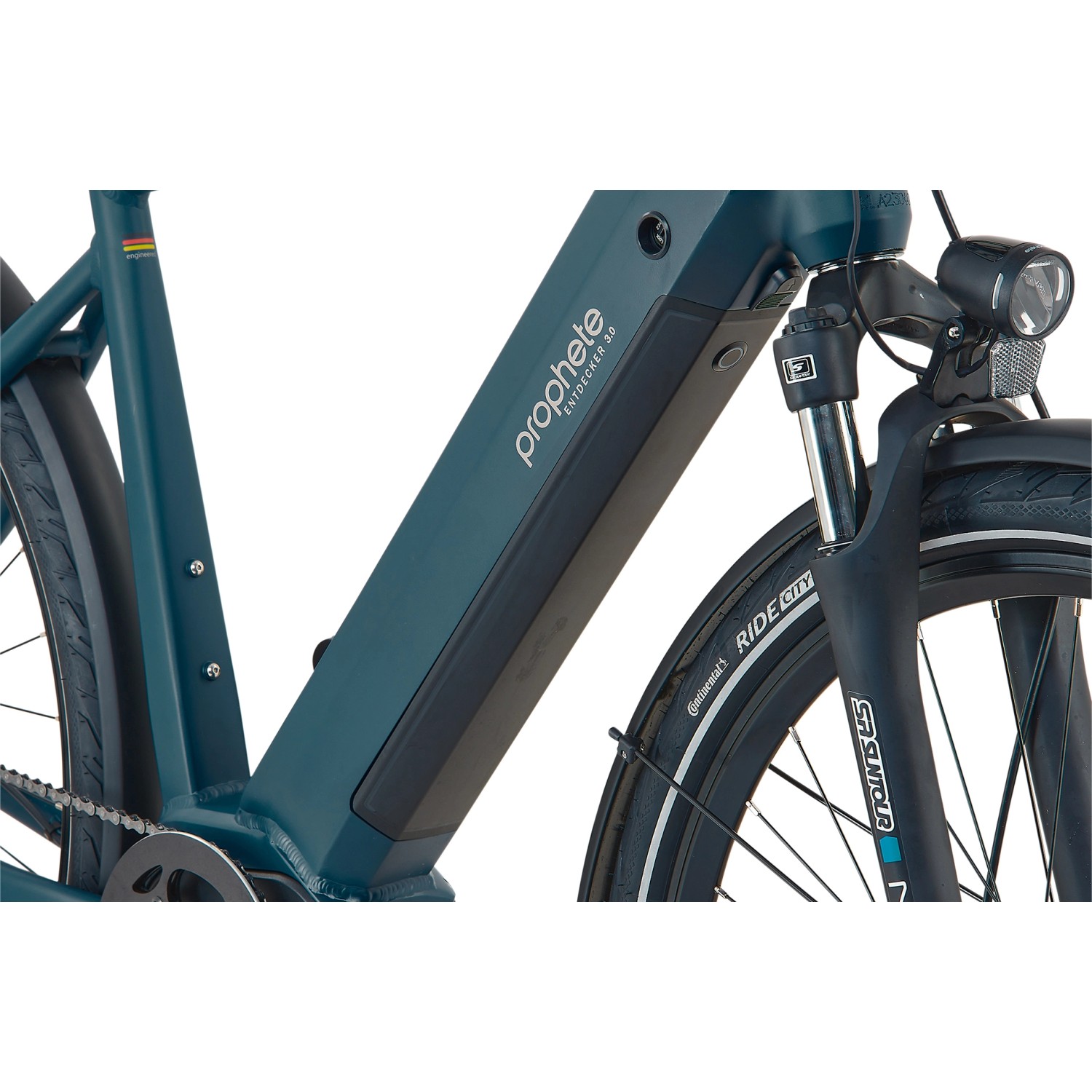 Detailaufnahme: Perlnachtblaues Prophete Trekking E-Bike Entdecker 3.0 mit Mittelmotor und integriertem Akku.