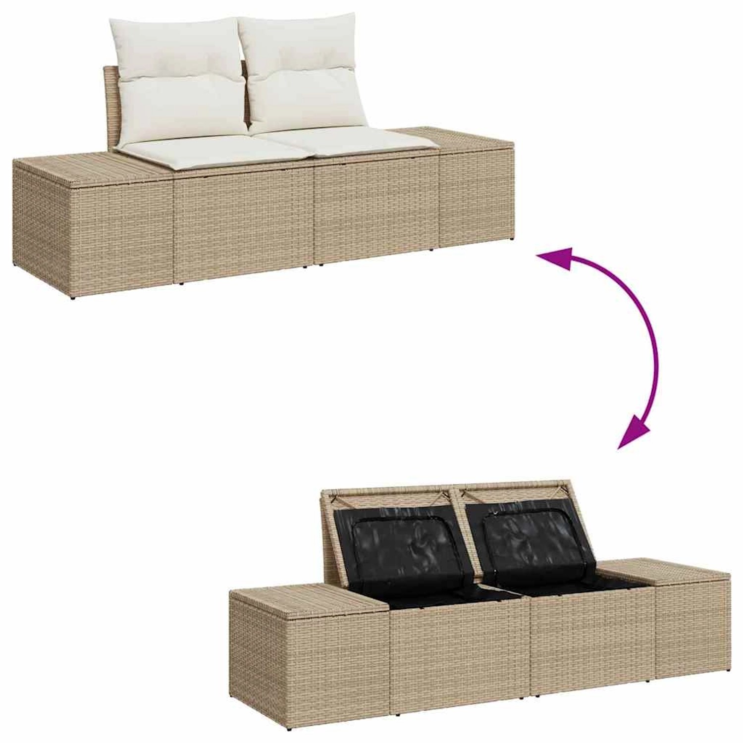 Beige-weißes 7-teiliges vidaXL Garten-Sofa-Set aus Rattan mit Stauraum.