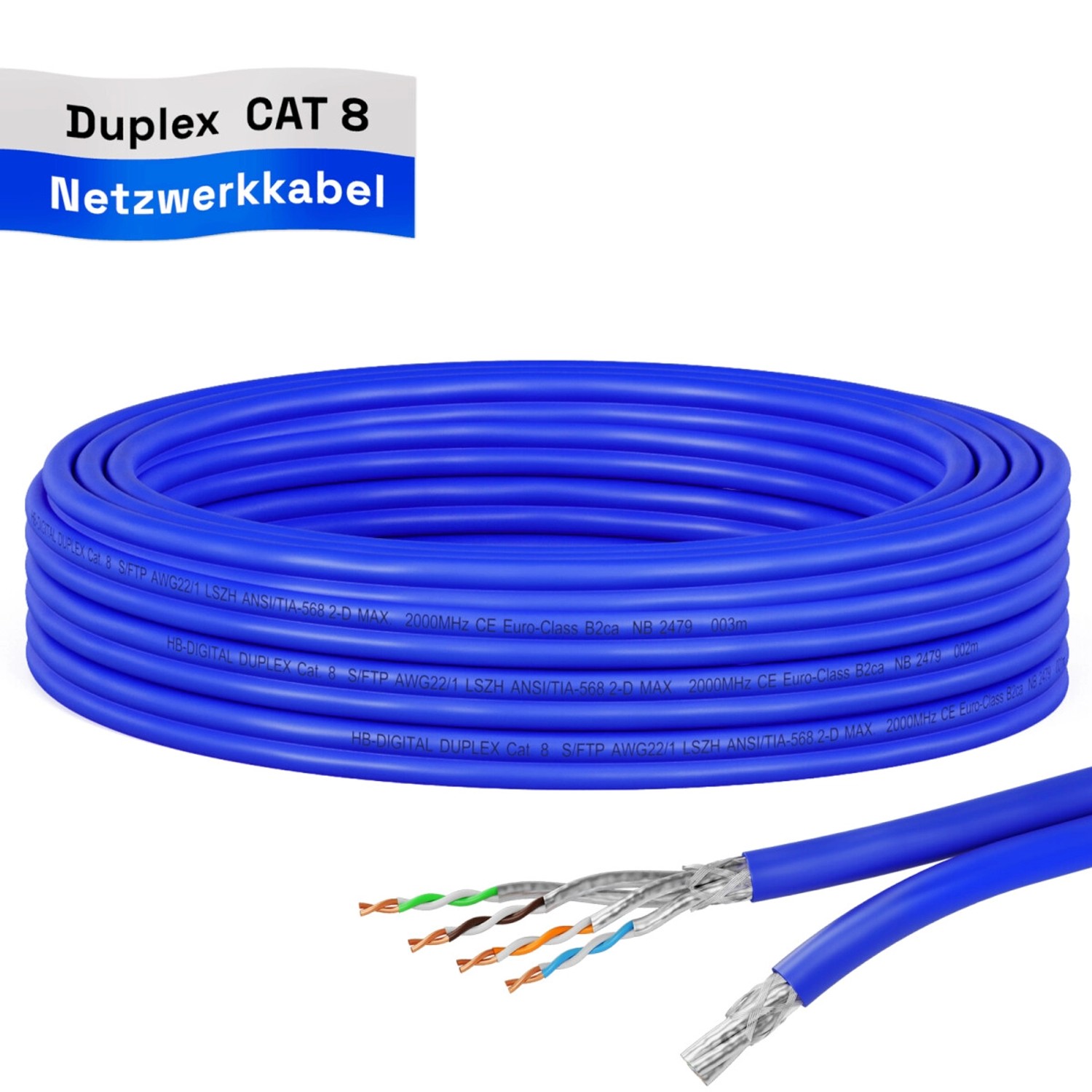 Thumbnail - hb-digital Netzwerkkabel CAT 8 Duplex max. 2000 MHz S/FTP AWG22 LSZH 5m blau