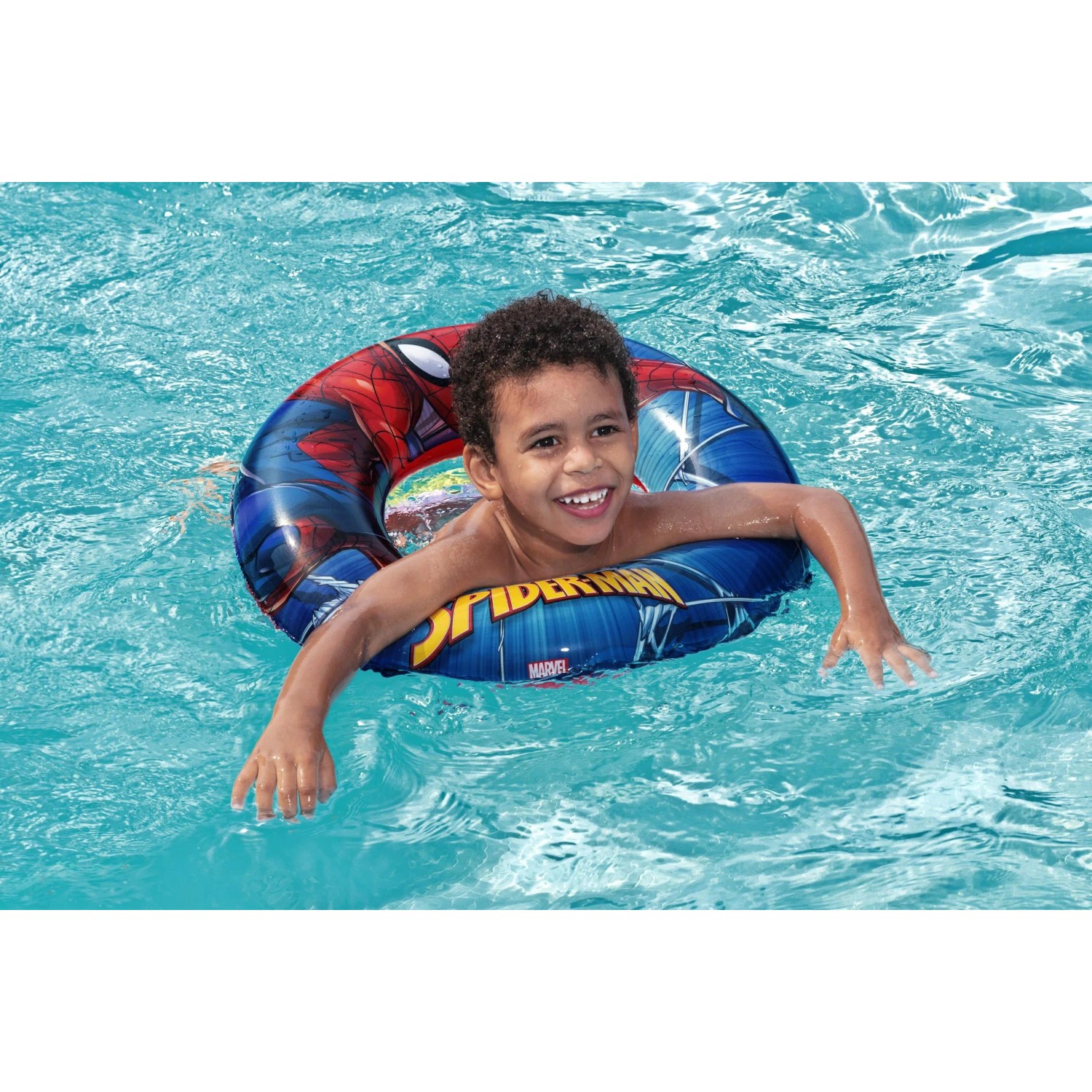 Bestway Schwimmring Spider-Man, Ø 48 cm, im Wasser. Aufblasbare Schwimmhilfe mit Spider-Man Motiv.
