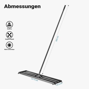 Schwarzer Wiltec Aluminium Rasenrakel mit 121,9x25,4cm Rechenkopf und 205cm Stiel. Zum Ebnung und Sanden von Rasenflächen.
