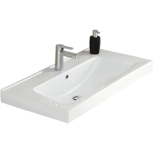 Pelipal Quantum 02 Handwaschbecken, 92,5 cm, Keramik, Weiß, mit Armatur und Seifenspender.
