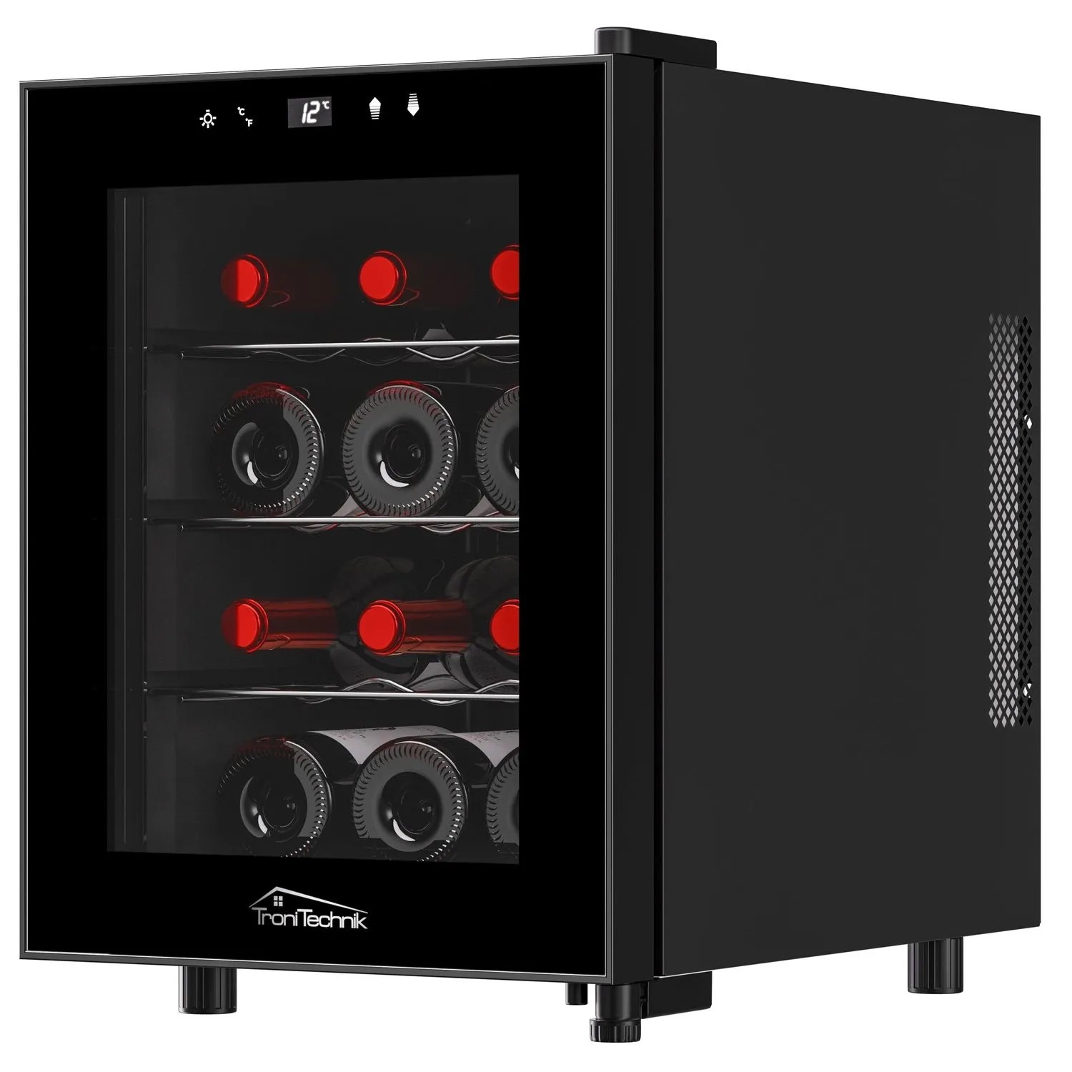 TroniTechnik Weinkühlschrank Bordeaux für 12 Flaschen, Getränkekühlschrank mit Glastür.