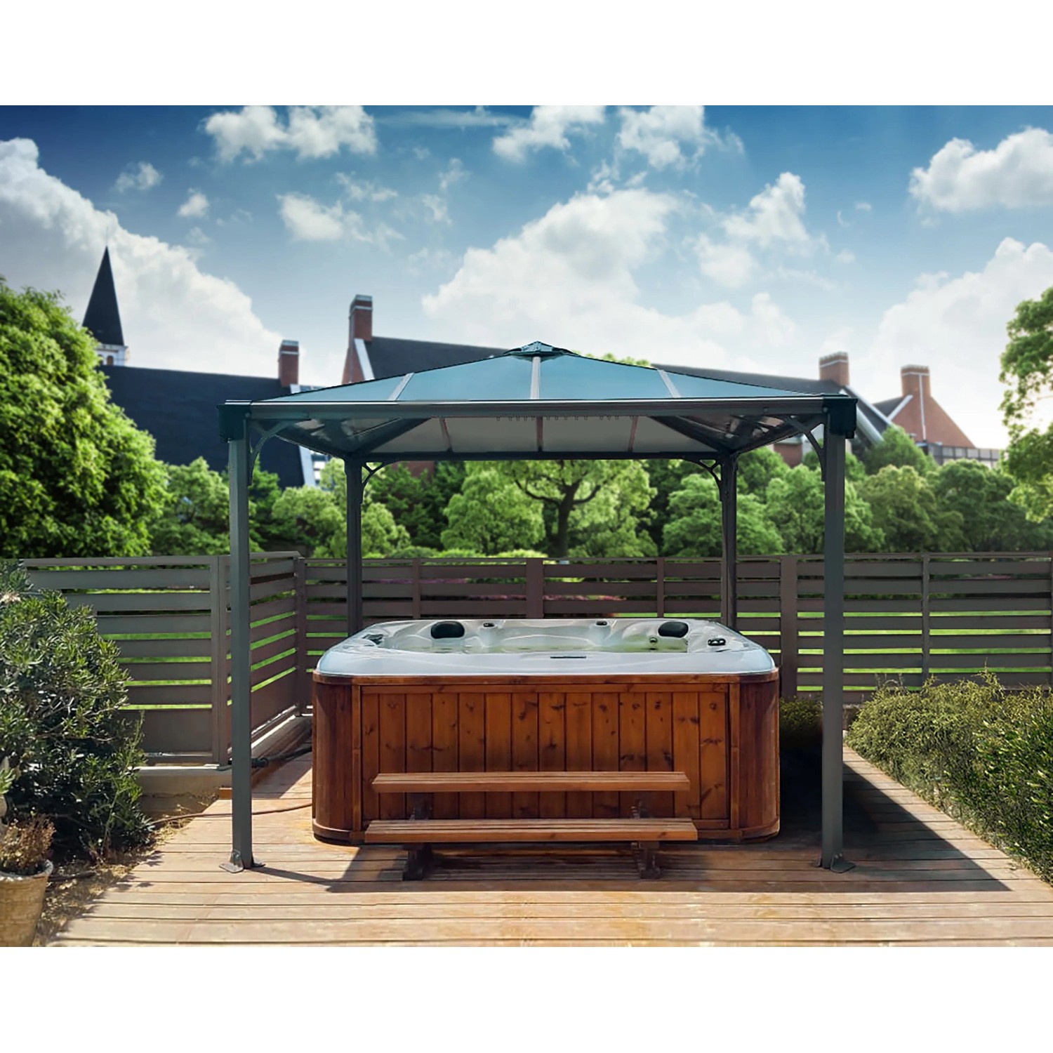 Canopia Gartenpavillon Palermo 3x3 Anthrazit über einem Whirlpool auf einer Holzterrasse.