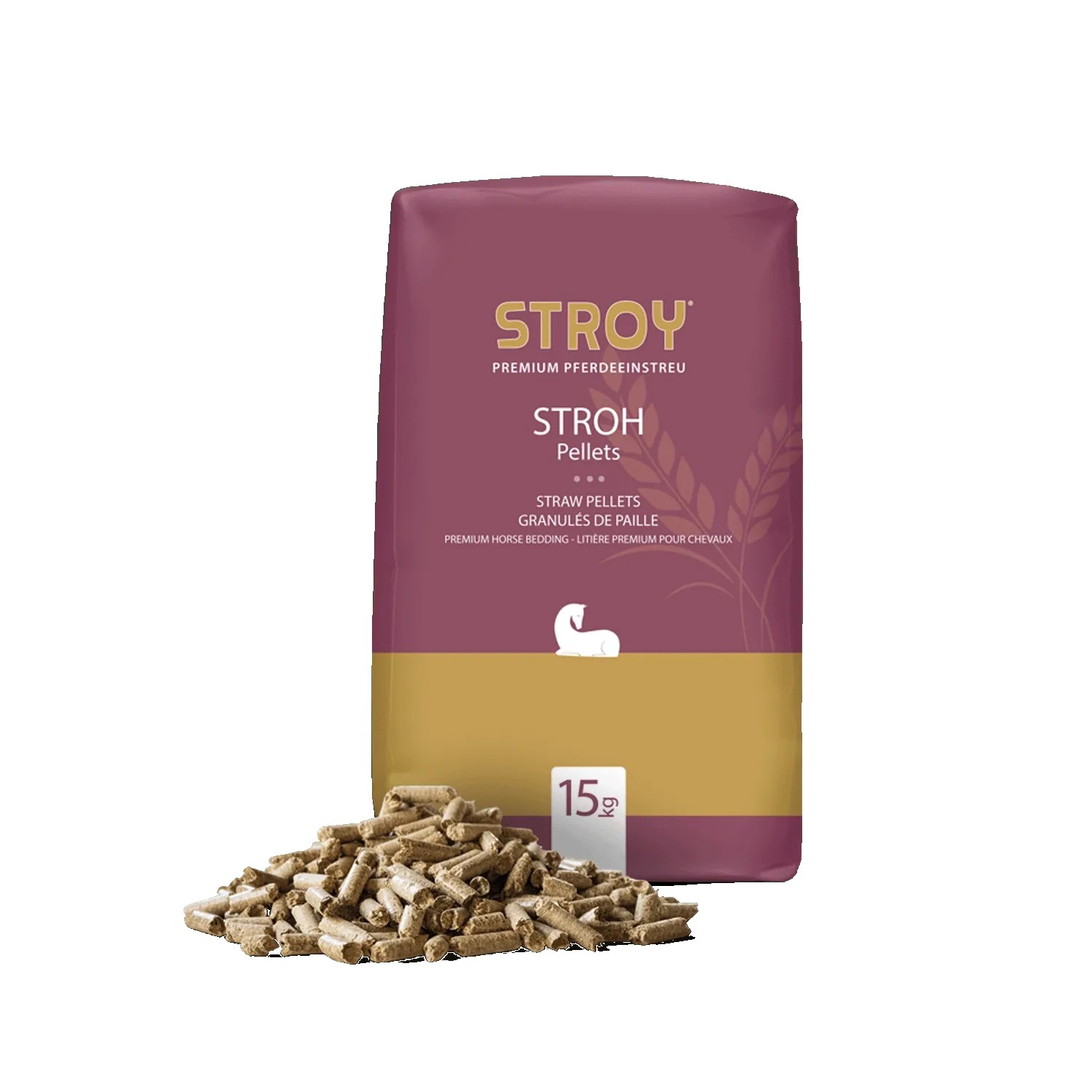 STROY Strohpellets 15kg: lila-goldene Packung Pferdeeinstreu und ein Haufen heller Pellets.