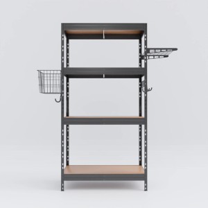 Ar Shelving Schwerlastregal 180x90x45cm mit 4 HDF-Böden und Zubehör wie Haken, Korb und Ablage.
