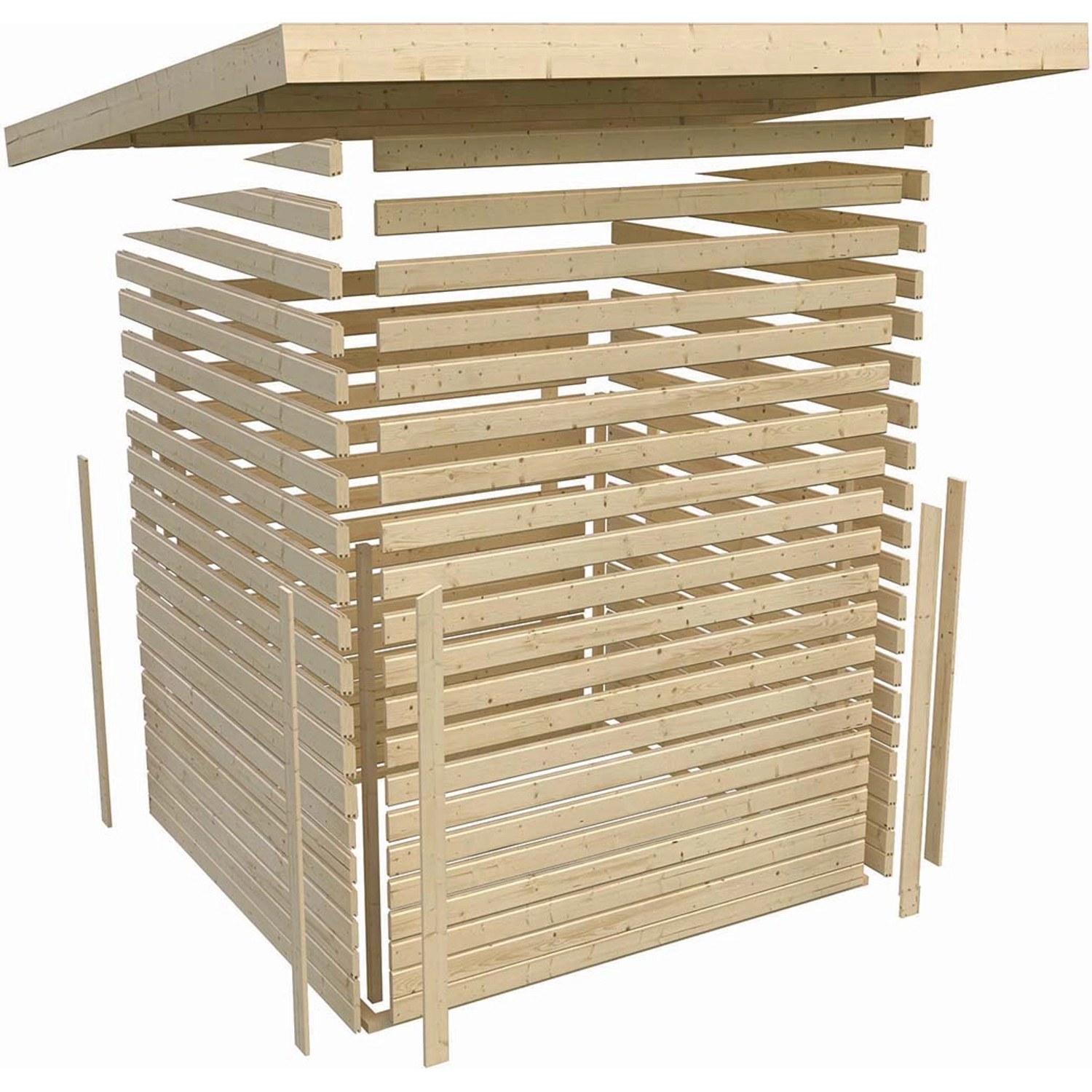 Karibu Holz-Gartenhaus Karlskoga, terragrau, Pultdach, lackiert, 365x305 cm, im Aufbau