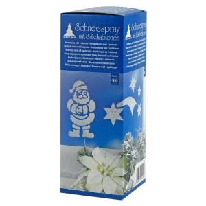 Schneespray 150ml mit 8 Schablonen für winterliche Deko, z.B. Fensterbilder.