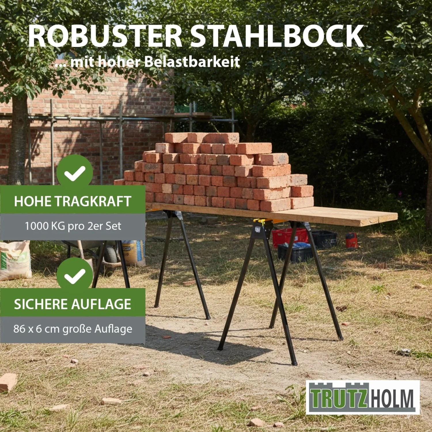 TRUTZHOLM Arbeitsbock (2er-Set) aus Stahl, gelb/schwarz, belastbar mit Ziegelsteinen im Garten.