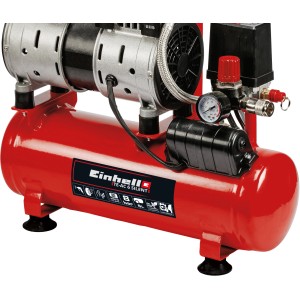 Einhell TE-AC 6 Silent Kompressor, rot, mit Manometer und Druckminderer.