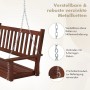 Detailansicht der braunen Massivholz Hängebank mit robusten, verzinkten Metallketten und S-Haken zur sicheren Befestigung.