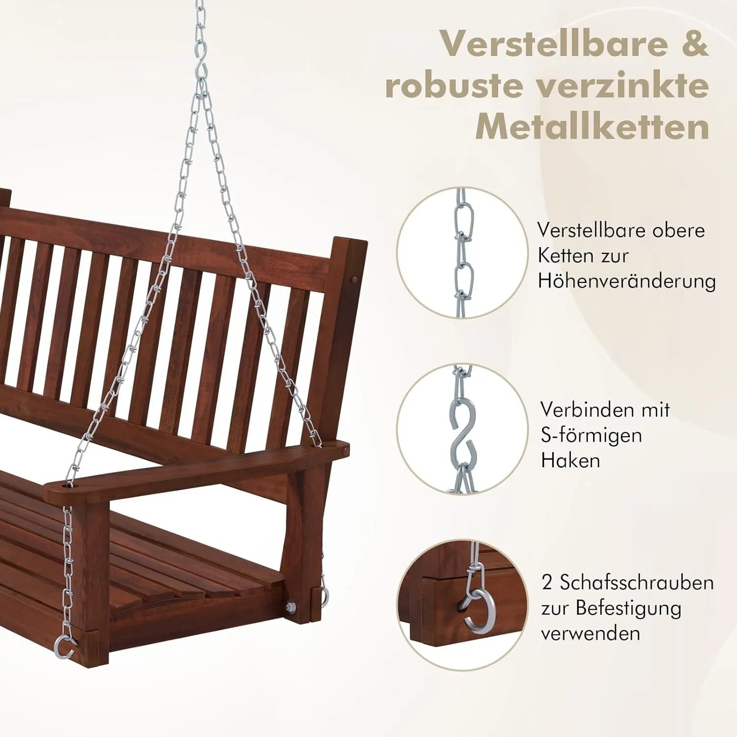 Detailansicht der braunen Massivholz Hängebank mit robusten, verzinkten Metallketten und S-Haken zur sicheren Befestigung.