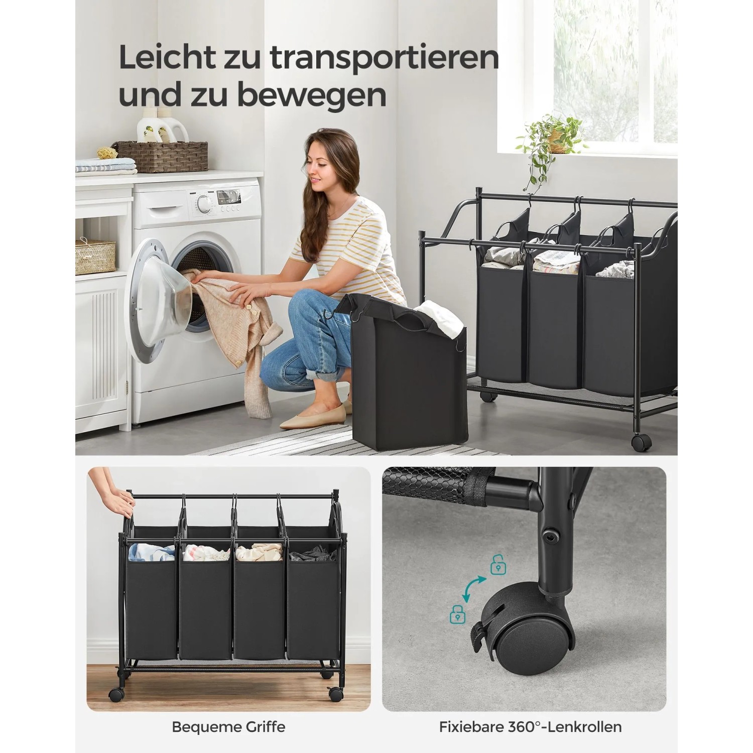 Songmics Wäschesortierer mit 4 Fächern (140 l) in Schwarz im Einsatz.