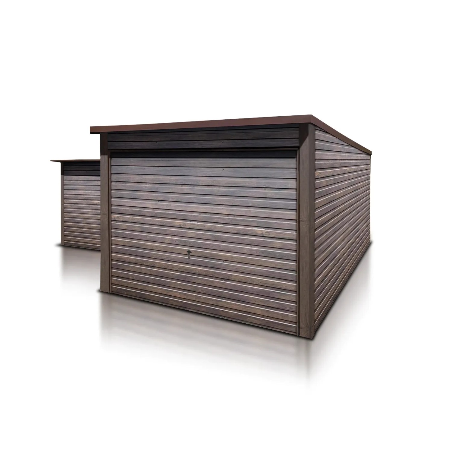 Liderstal Gerätehaus Premium aus Blech 300 x 500 cm Pultdach Holzoptik Walnuss Dunkel