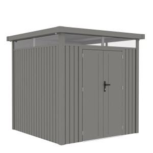 Modernes Juskys Gerätehaus Luzern in Taupe (5,3 m²) mit Doppeltür und Fenster.