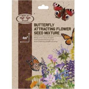 Esschert Saatmischung für Schmetterlinge, Packung mit Blumen und Schmetterlingen.