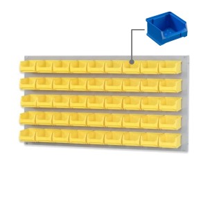 PROREGAL Trägersystem mit grauer Platte und 45 blauen Sichtlagerboxen. Aufbewahrungssystem für Werkstatt und Lager.