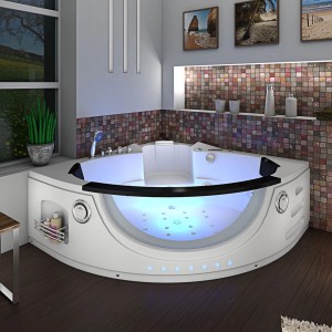 AquaVapore Whirlpool W06H-SC, Eckbadewanne 152x152cm mit blauer Beleuchtung und Armaturen.