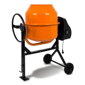 EBERTH Betonmischer 140L, elektrisch, mobil. Baumaschine mit Stahlgestell und schwenkbarer Trommel.