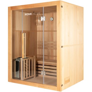 Traditionelle Sauna SKYLINE aus Tannenholz mit Glasfront und Ofen. Ideal für 2-3 Personen.