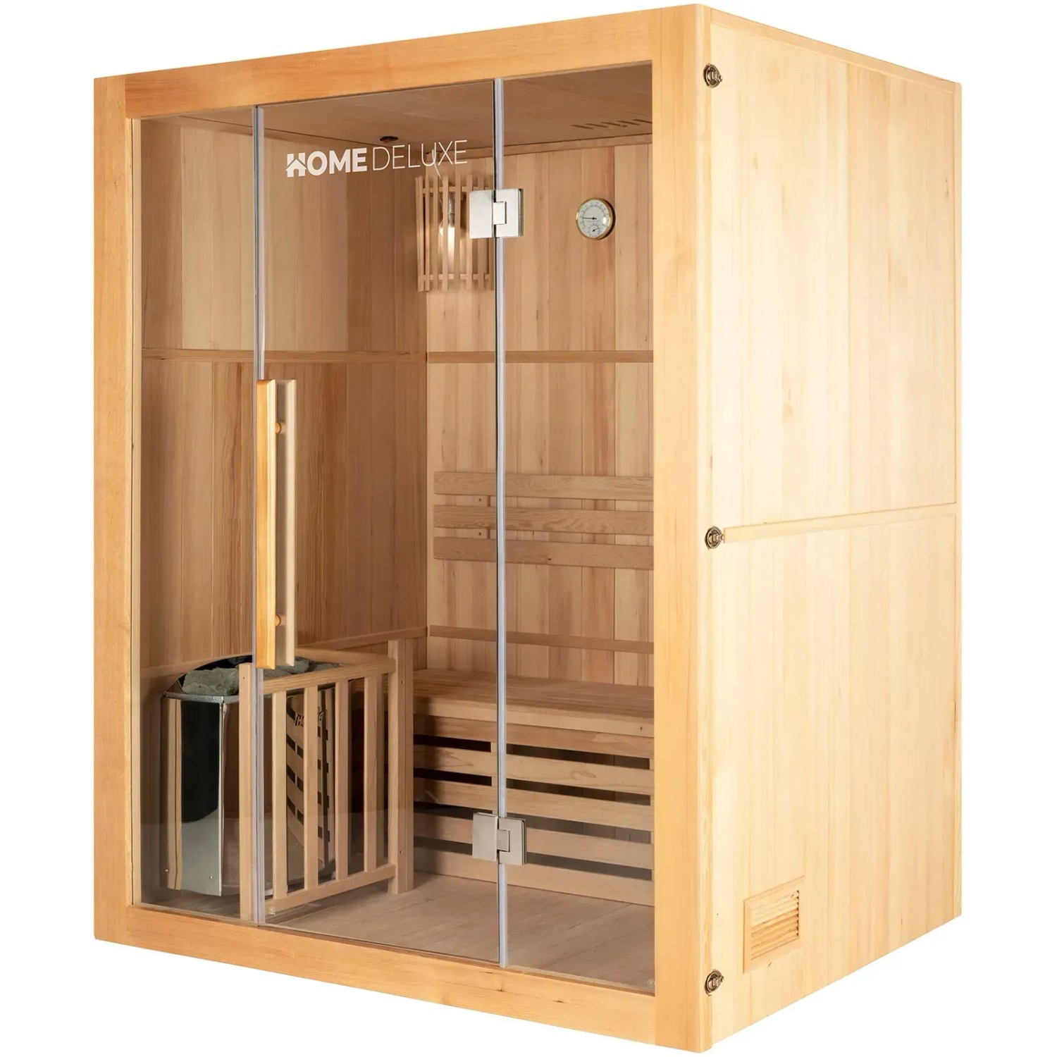 Traditionelle Sauna SKYLINE aus Tannenholz mit Glasfront und Ofen. Ideal für 2-3 Personen.