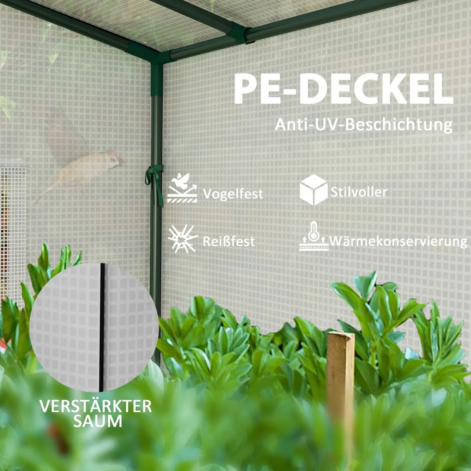 Detailaufnahme: Outsunny Gewächshaus mit UV-beständiger PE-Abdeckung, verstärktem Saum und Pflanzen.