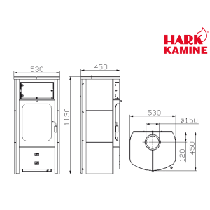 Technische Zeichnung Hark Dauerbrand-Kaminofen Opera-B mit Maßen.