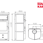 Technische Zeichnung Hark Dauerbrand-Kaminofen Opera-B mit Maßen.