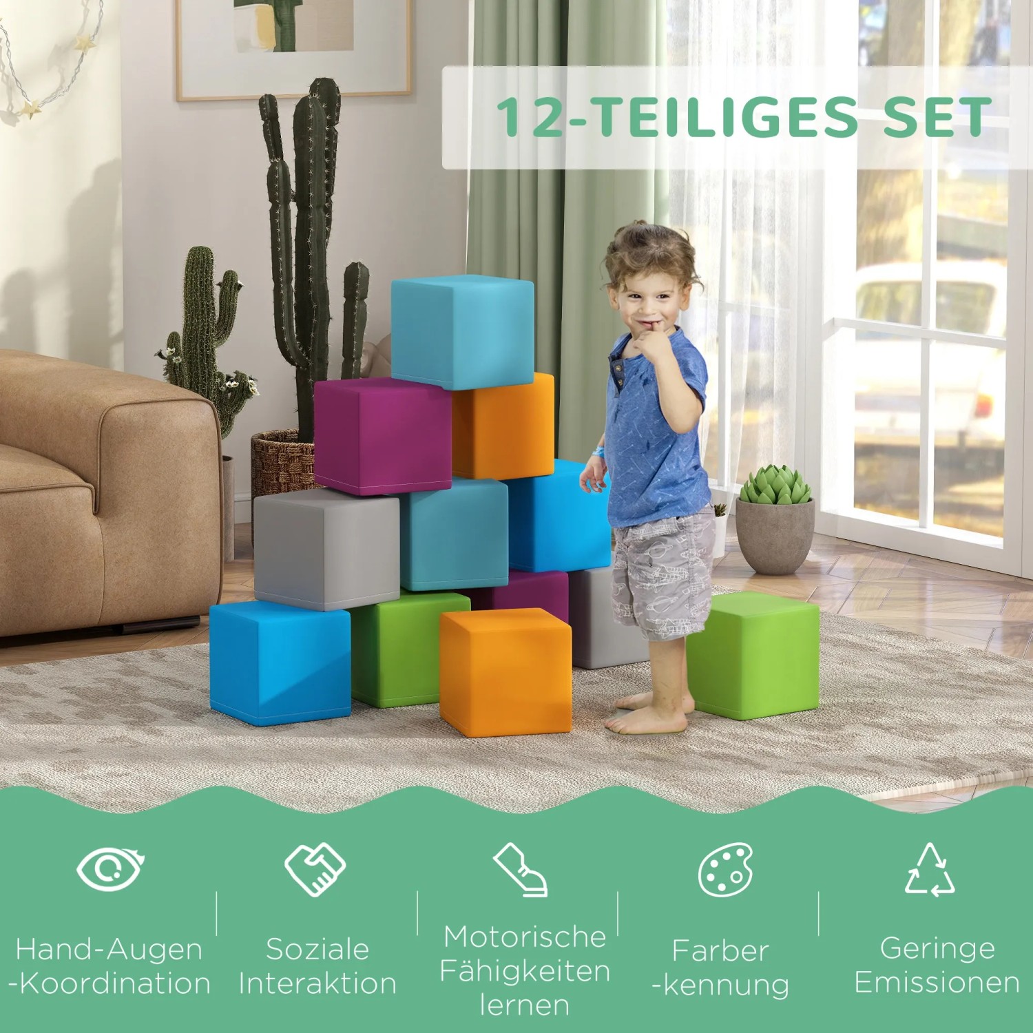 HOMCOM Bausteinset, 12 Schaumstoffwürfel in Grau, Türkis, Orange, Grün und Lila.