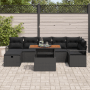 Schwarzes 8-tlg. vidaXL Garten-Sofa-Set aus Poly Rattan mit Tisch und Auflagen.