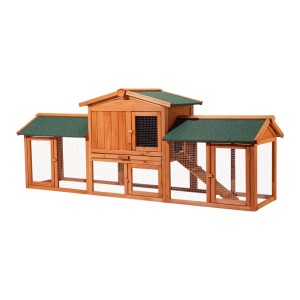 Wiltec XXL Hasenstall aus hellem Holz mit grünem Bitumendach, Freilaufgehege und erhöhtem Schlafhaus für Nager.