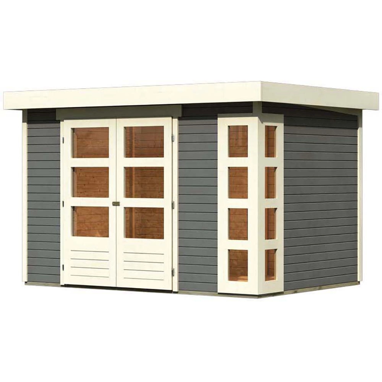 Terragraues Karibu Holz-Gartenhaus Sölve mit Flachdach und Doppeltür.