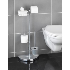 Wenko Raumspar WC-Center Silber mit Toilettenpapierhalter, Feuchttücherbox, WC-Bürste und Ersatzrollenhalter.